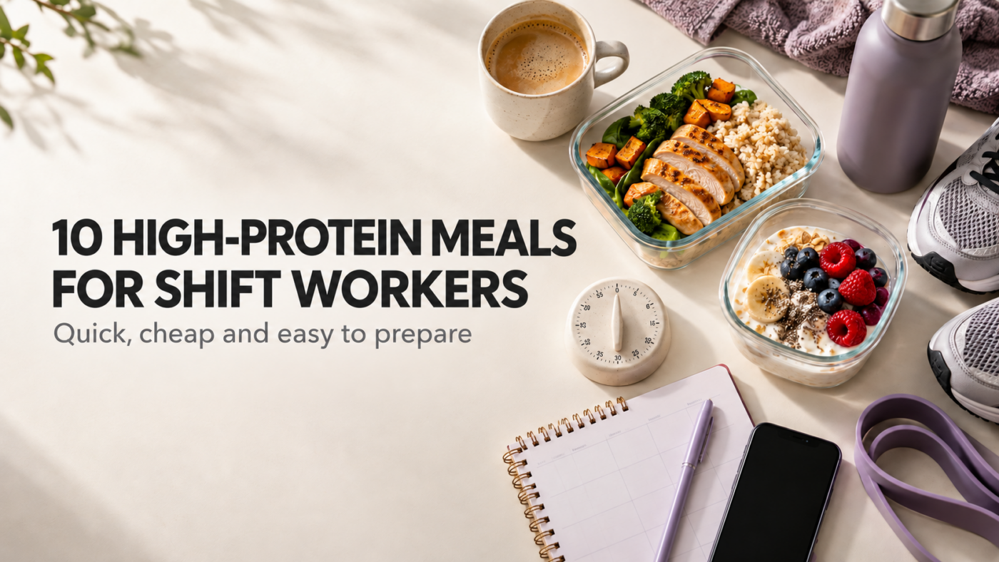 High-protein meals for shift workers, with chicken and rice meal prep, yoghurt, coffee and a weekly planner.