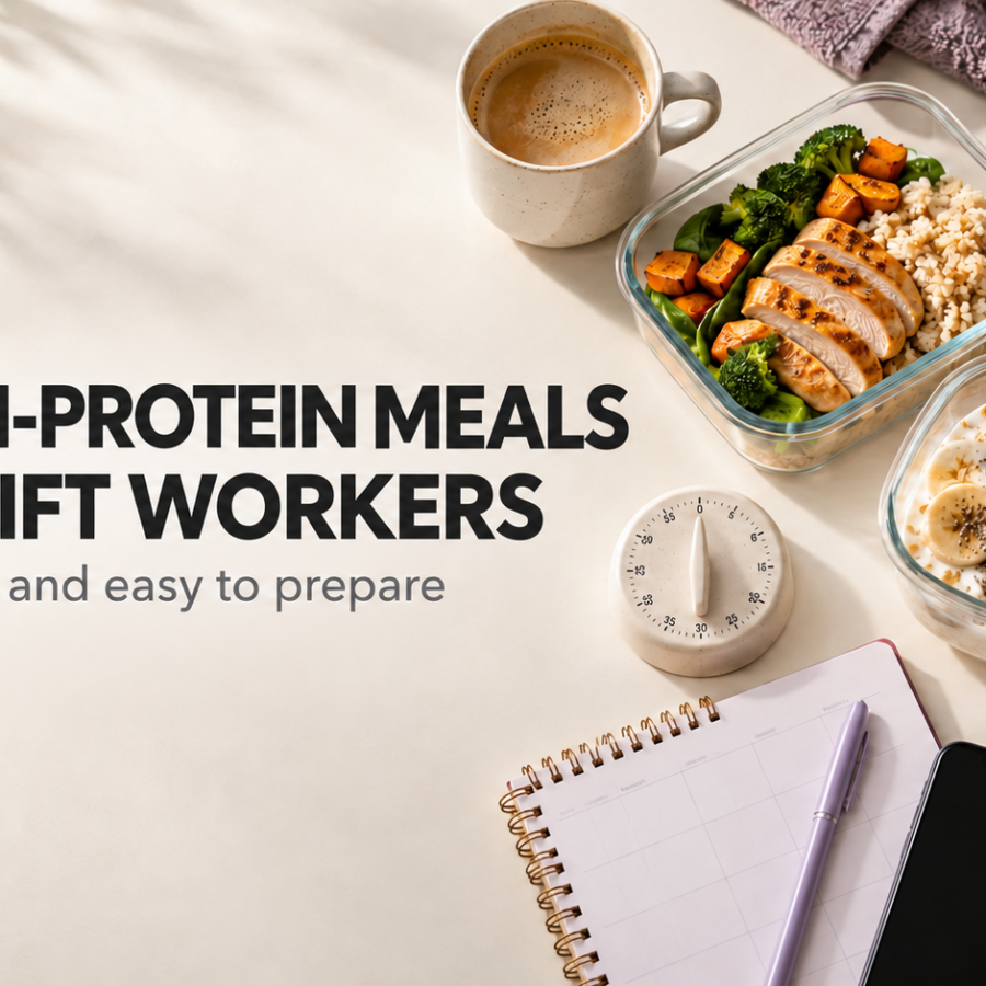 High-protein meals for shift workers, with chicken and rice meal prep, yoghurt, coffee and a weekly planner.