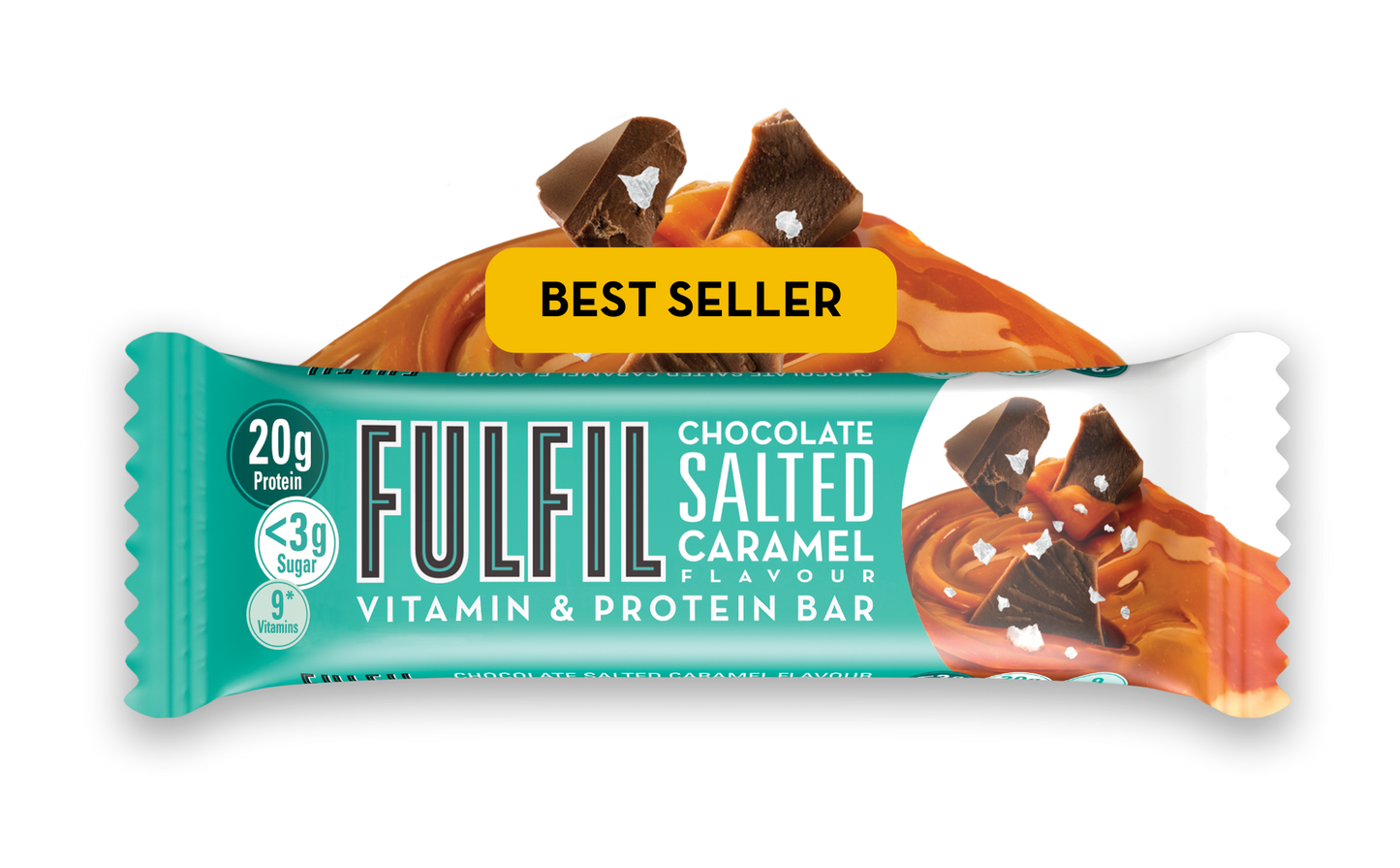FULFIL Chocolate Salted Caramel bar with nutrition highlights showing low sugar, 20 grams of protein and nine vitamins
