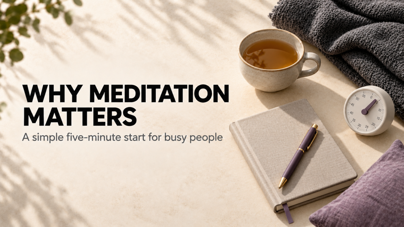 Why Meditation Matters banner with a tea cup, journal, blanket and simple timer