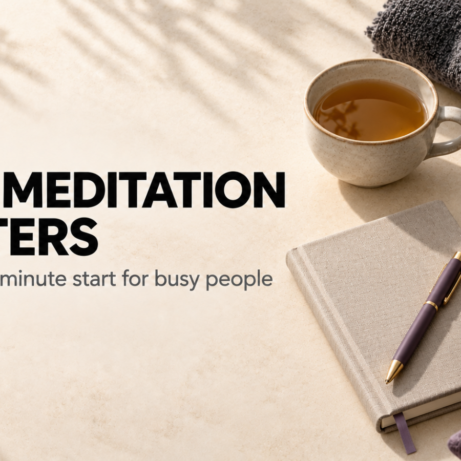 Why Meditation Matters banner with a tea cup, journal, blanket and simple timer