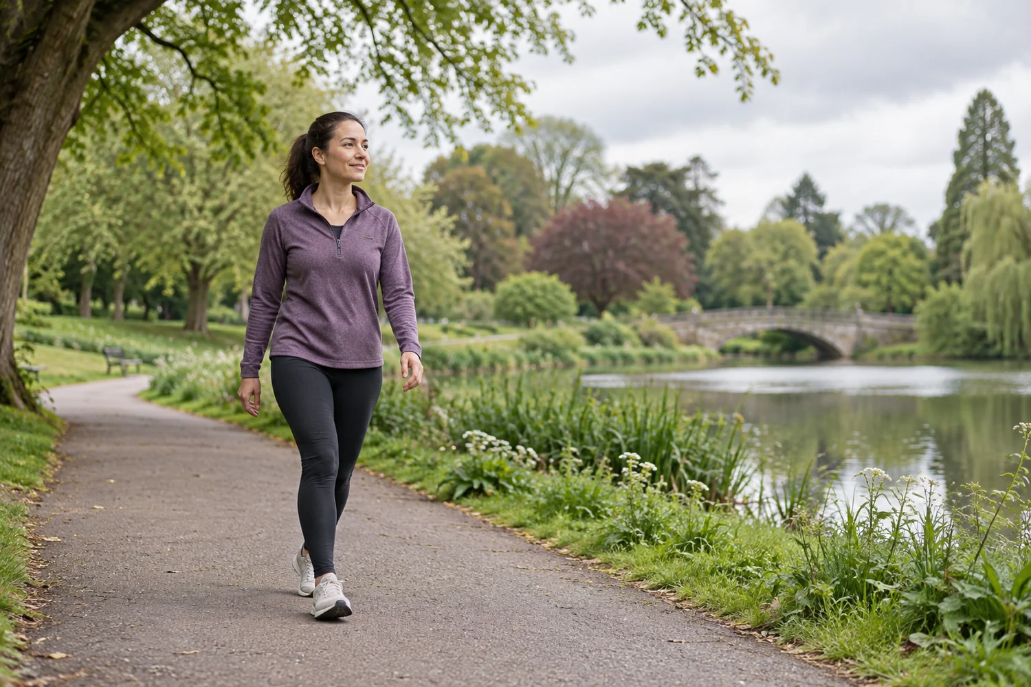 Woman taking a relaxed walk through a park on an active recovery day