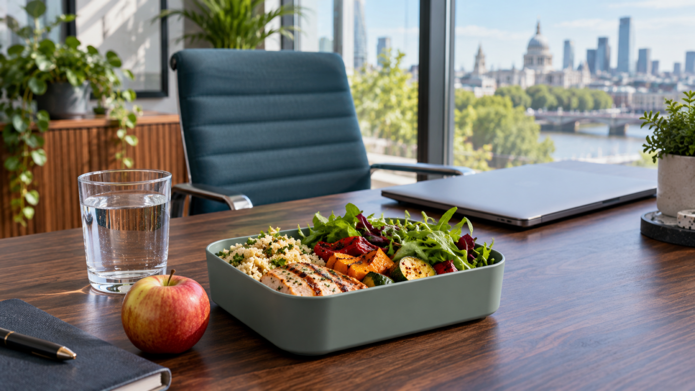 Balanced lunch box, apple and glass of water on a walnut office desk in daylight