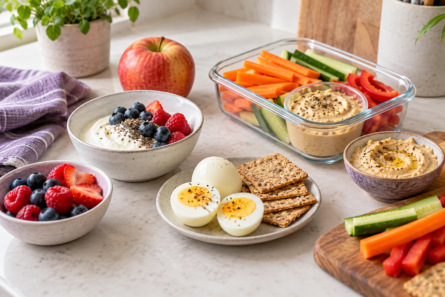 Filling snack options including yoghurt, berries, eggs, hummus, vegetables, crackers and fruit