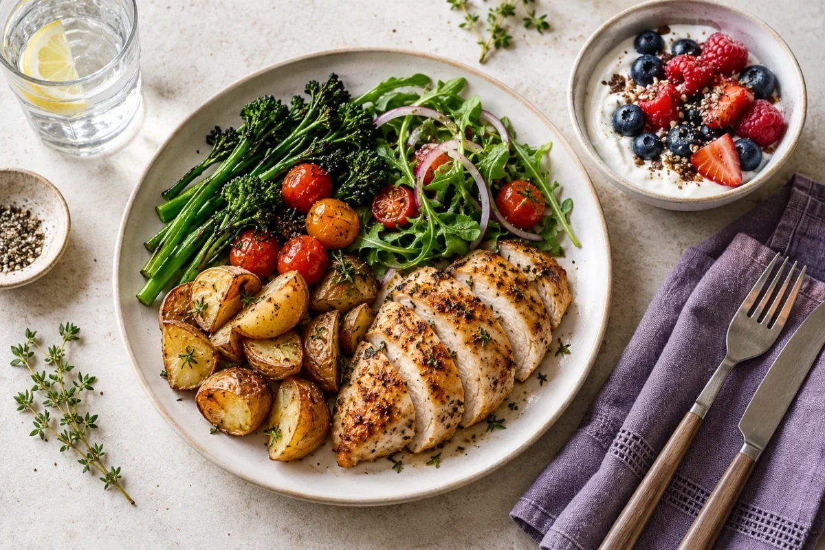 Filling balanced meal with chicken, potatoes, vegetables and yoghurt with berries