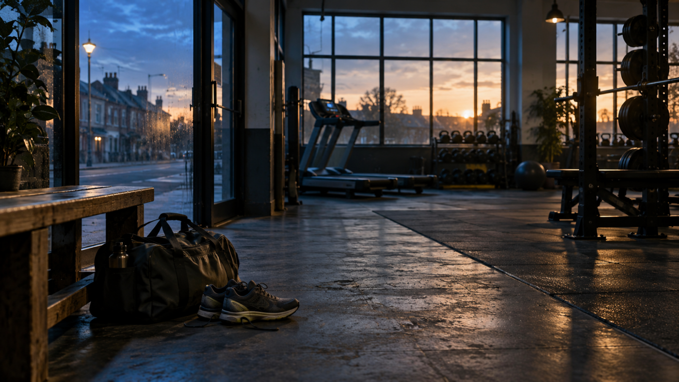 Empty gym at dawn with a gym bag and trainers beside a bench