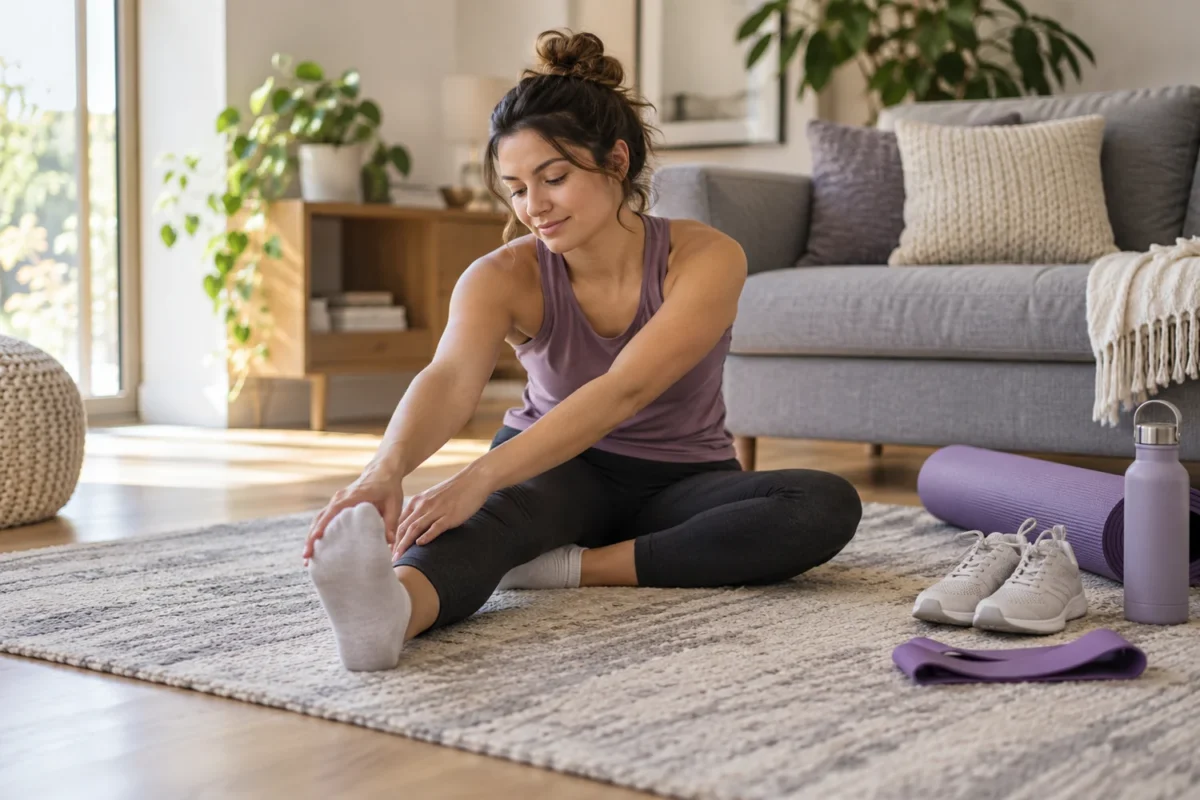 Woman doing a gentle stretch at home on a rest day