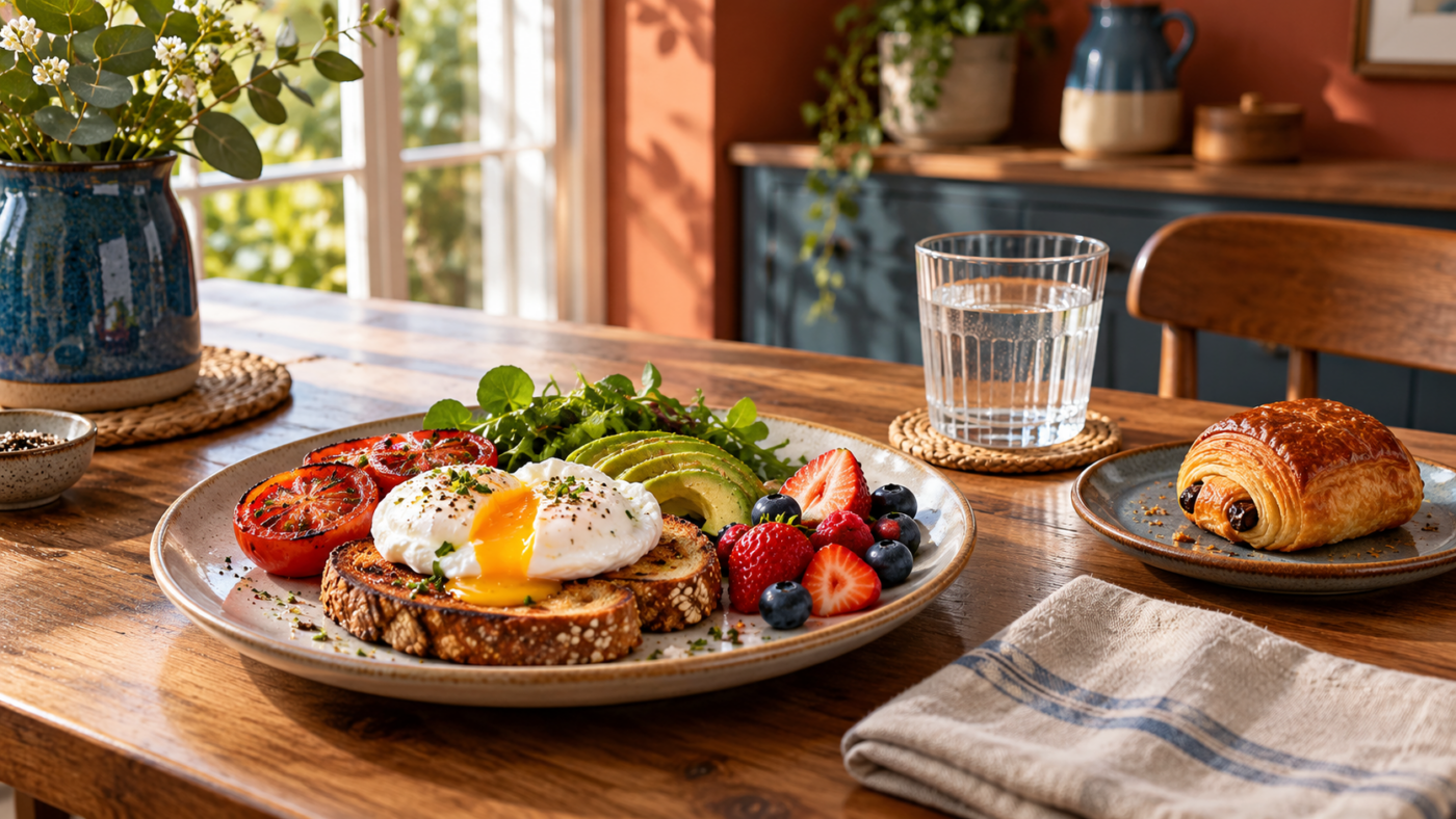 Weekend brunch with eggs, toast, fruit and a pastry on a sunlit dining table