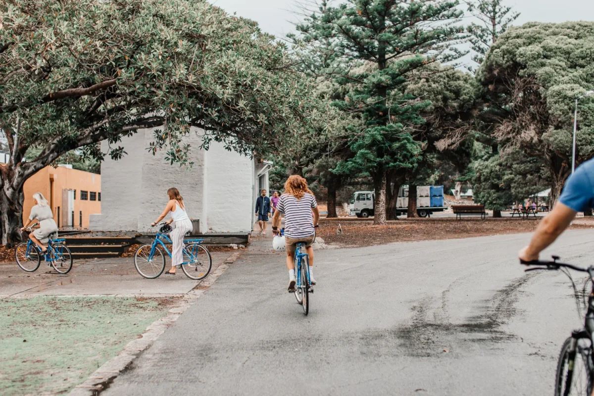 Two people cycling at a comfortable pace through a green park